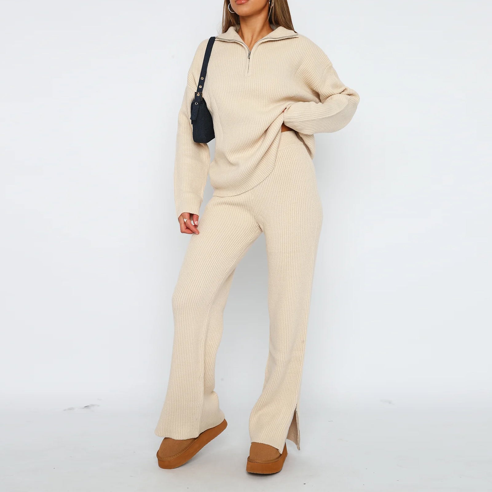 Kim | Gebreide Set met Flared Broek en Zip Trui