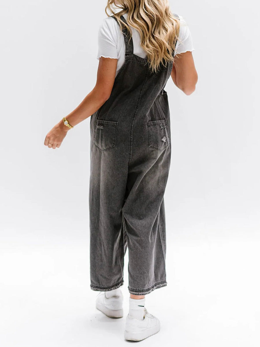 Denim oversized vrouwen jumpsuit met lichte vintage look
