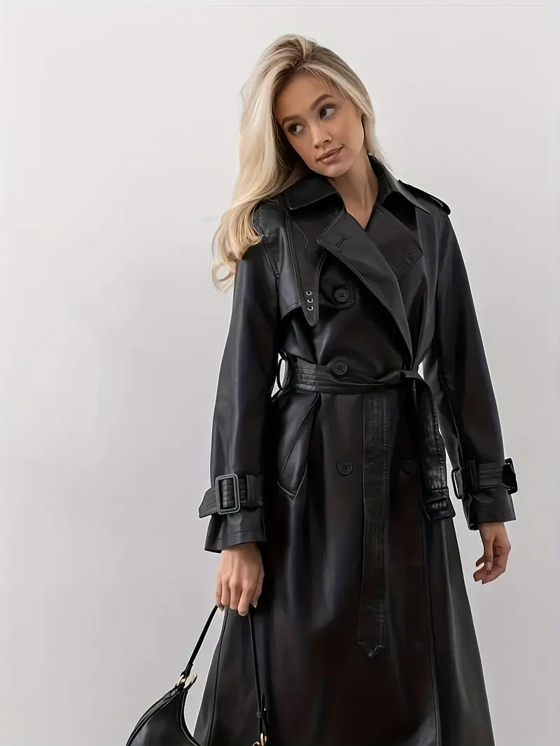 Stijlvolle Leren Dames Trenchcoat met Ceintuur