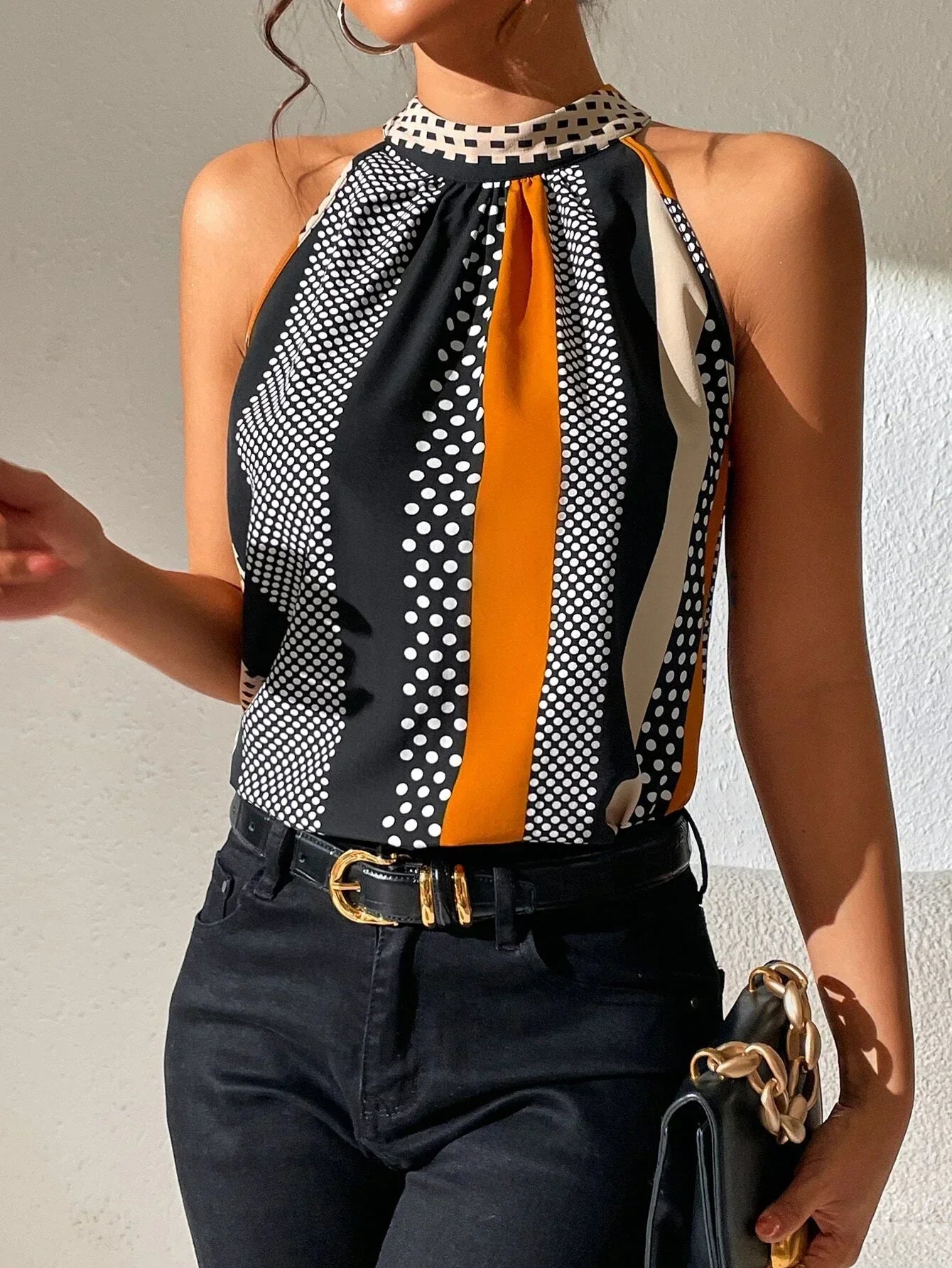 Jolien | Haltertop met Retro Print en Ruches