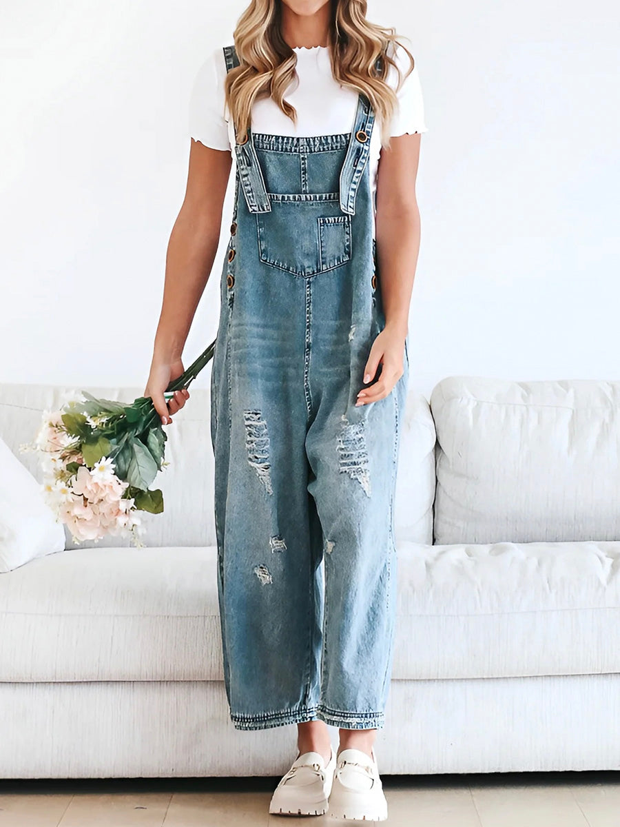 Denim oversized vrouwen jumpsuit met lichte vintage look