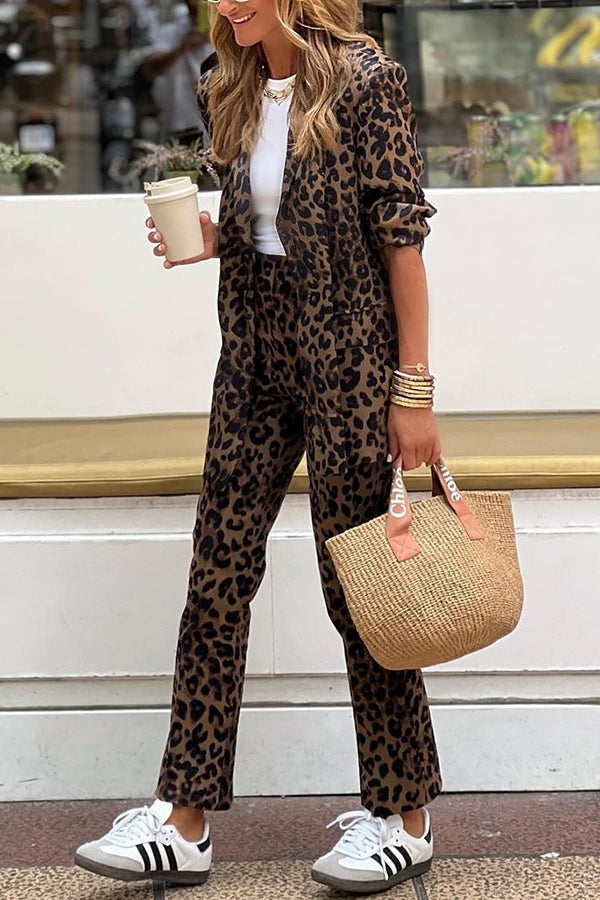 2 Delige Luipaard Print Blazer en Broek Set