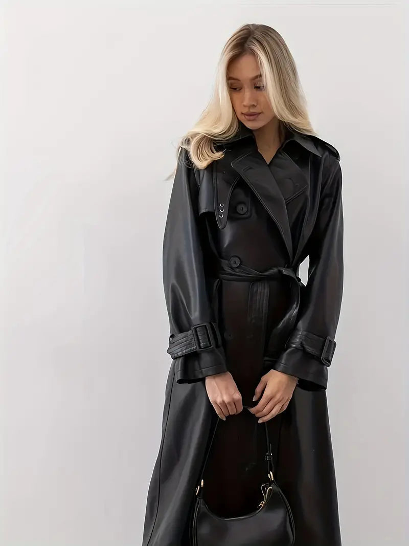 Stijlvolle Leren Dames Trenchcoat met Ceintuur