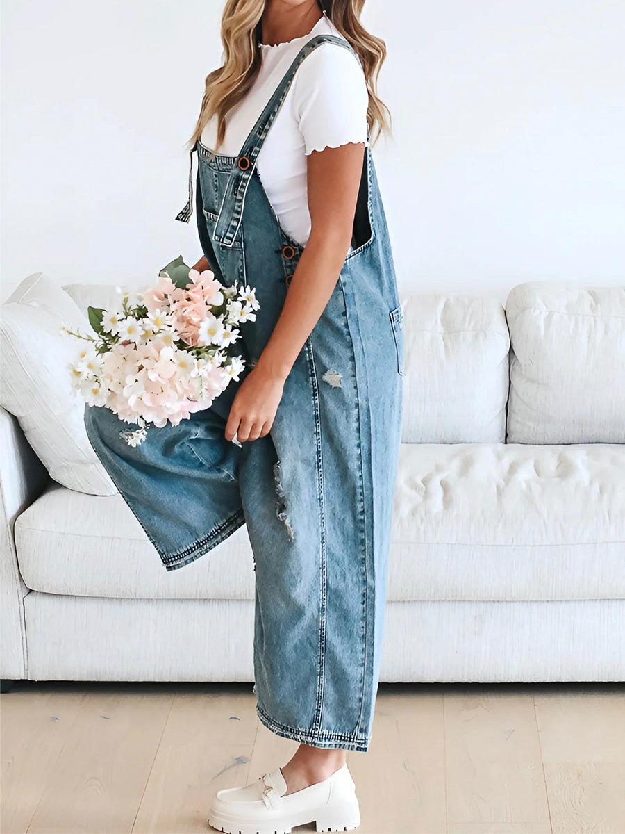 Denim oversized vrouwen jumpsuit met lichte vintage look