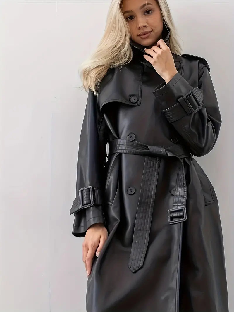 Stijlvolle Leren Dames Trenchcoat met Ceintuur