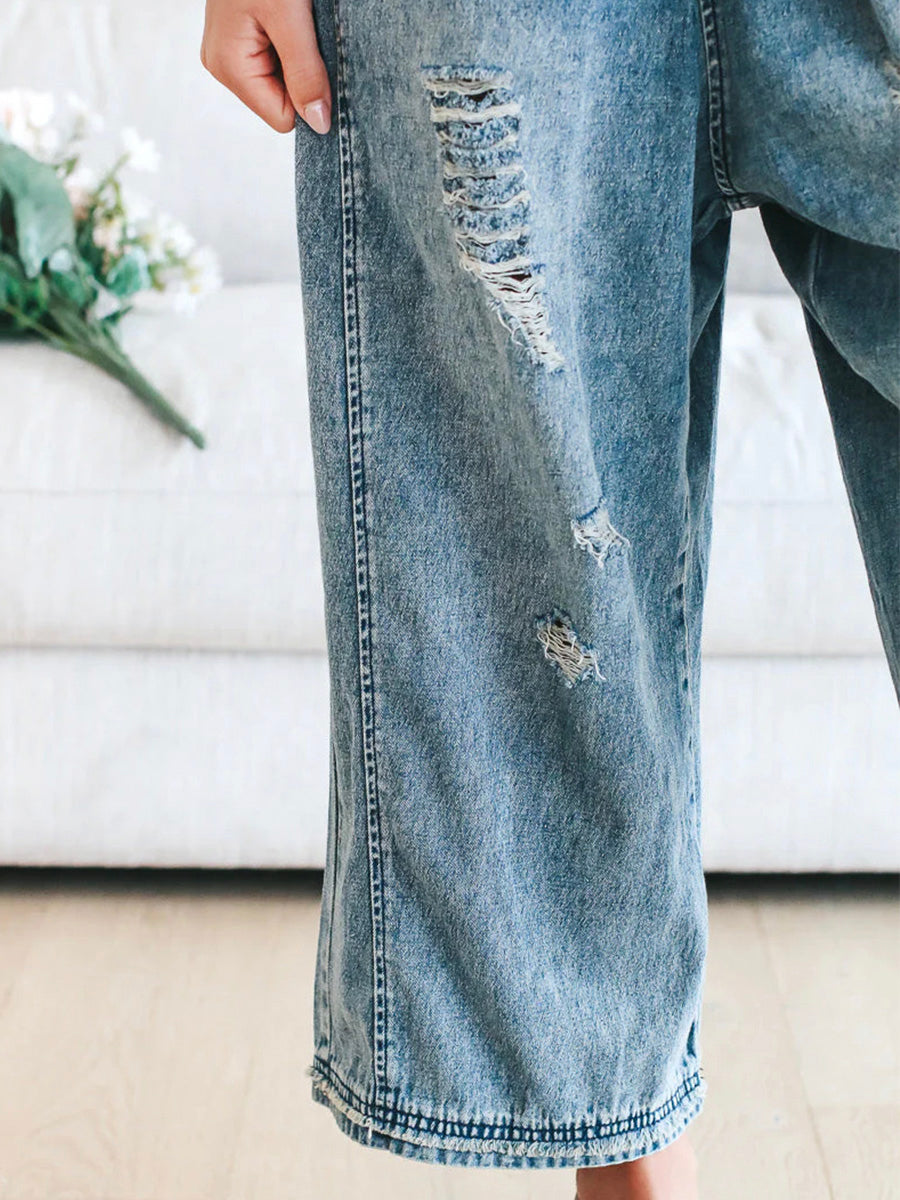 Denim oversized vrouwen jumpsuit met lichte vintage look