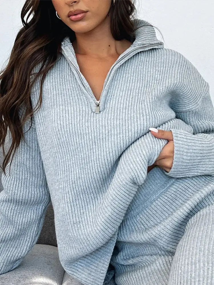 Kim | Gebreide Set met Flared Broek en Zip Trui