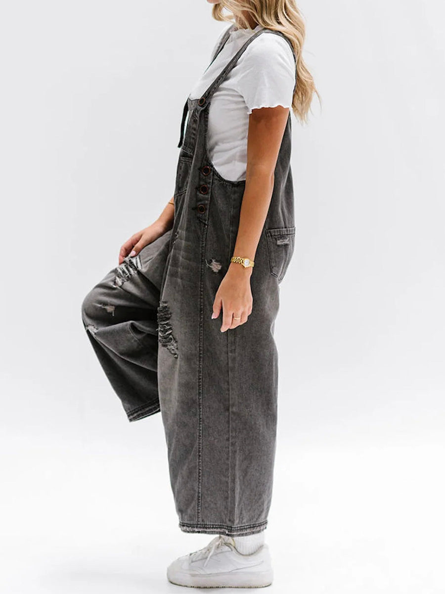 Denim oversized vrouwen jumpsuit met lichte vintage look