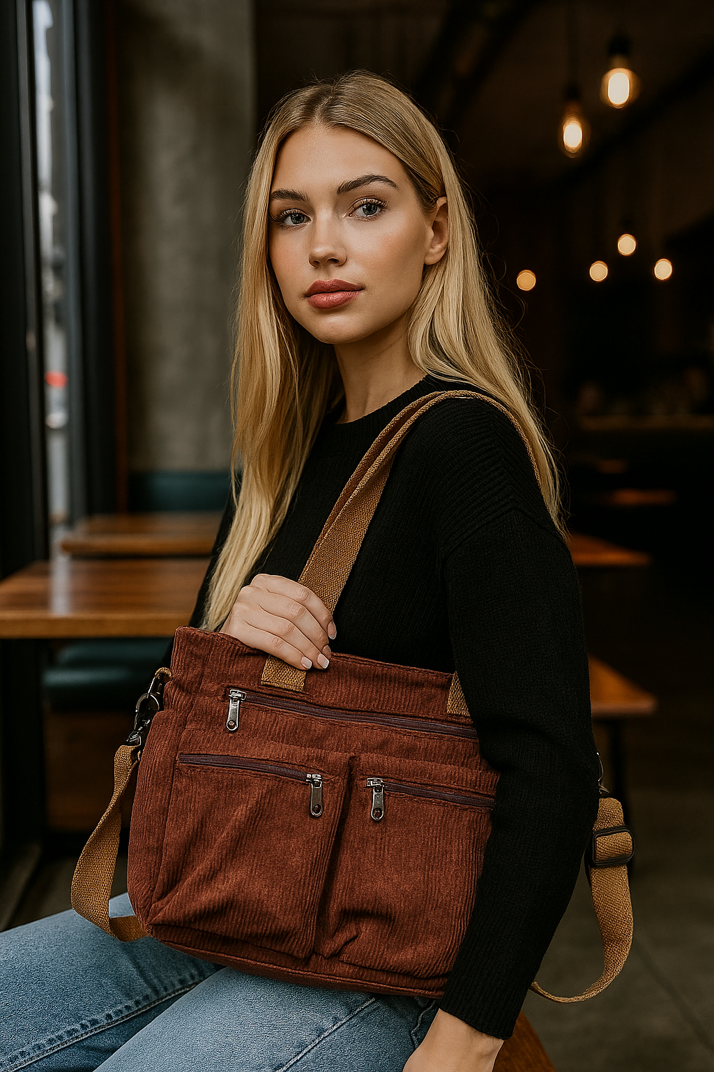 Trendy Ribfluweel Dames Schoudertas met Meerdere Vakken