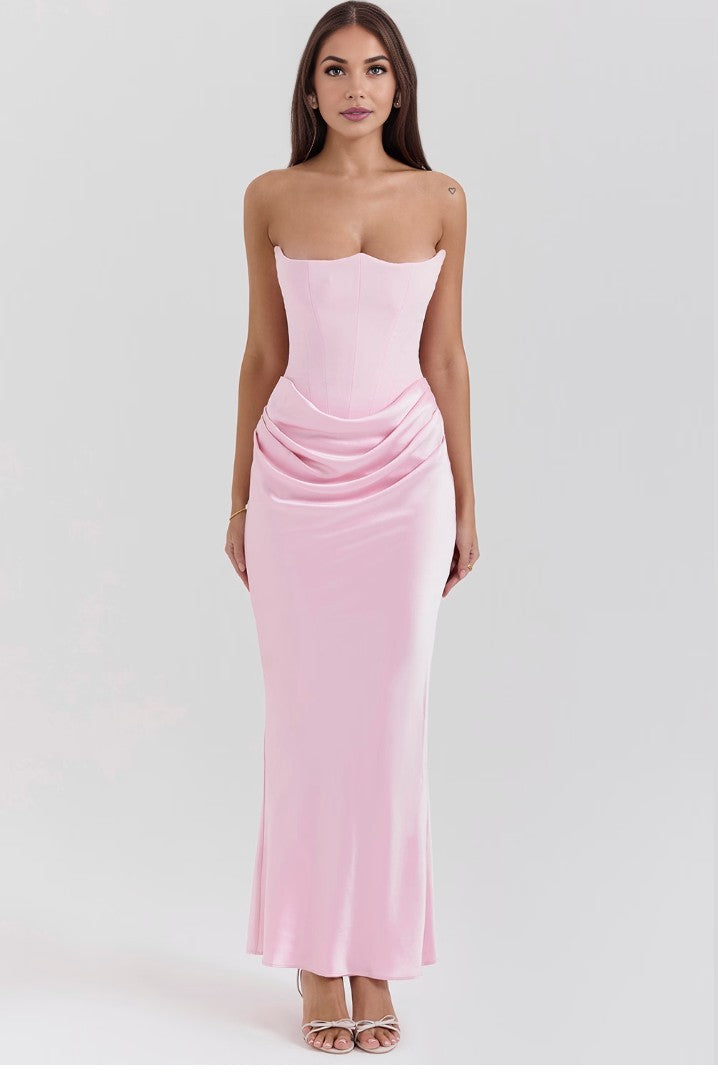 Youri | Strapless Satijnen Avondjurk met Corsetdetail