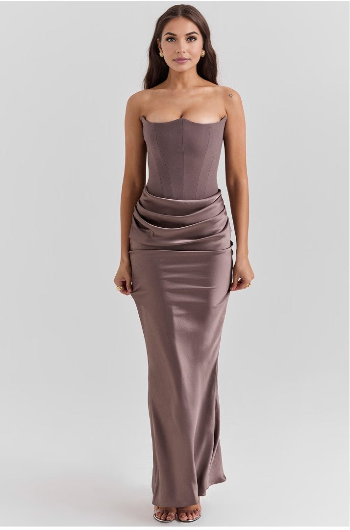 Youri | Strapless Satijnen Avondjurk met Corsetdetail