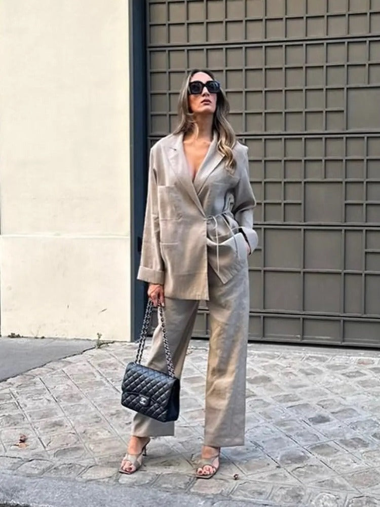 Elegante Oversized Dames Blazer-Broek Set met Ceintuur