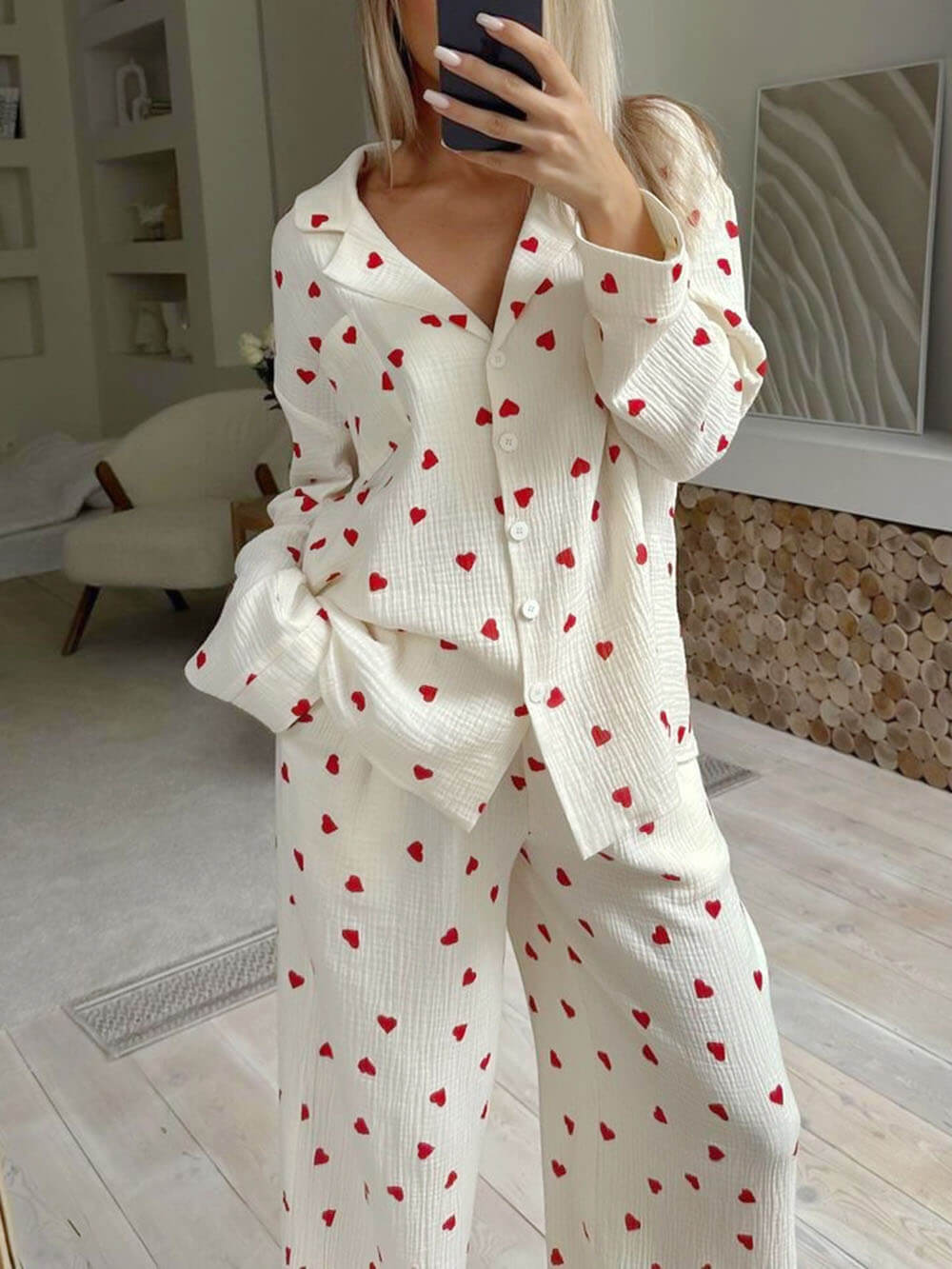 Luchtige comfortabele dames set met speelse hartjesprint en losse pasvorm