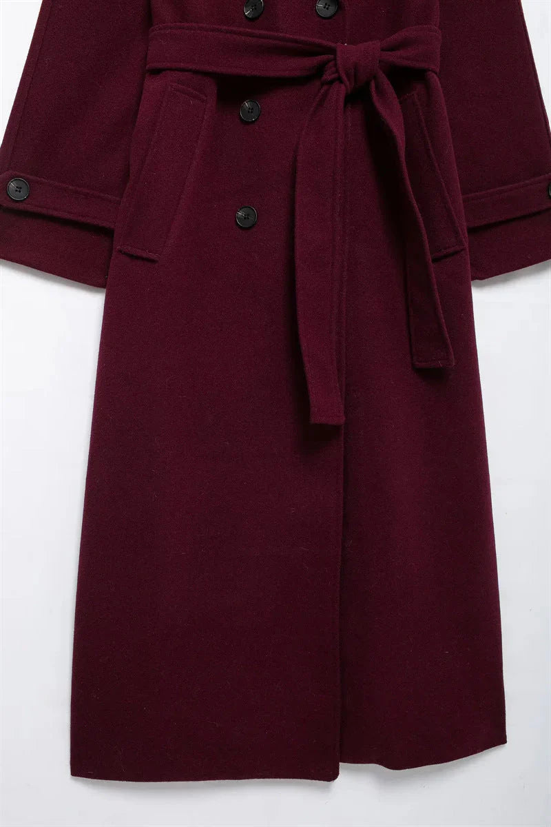 Leonie | Elegante Lange Burgundy Mantel Jas