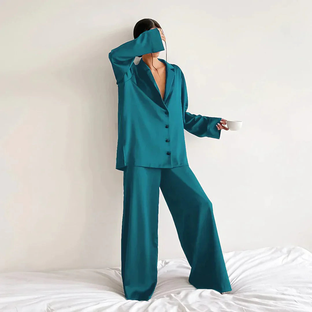 Ammie | Satijnen Pyjama Set met Wijdere Broek