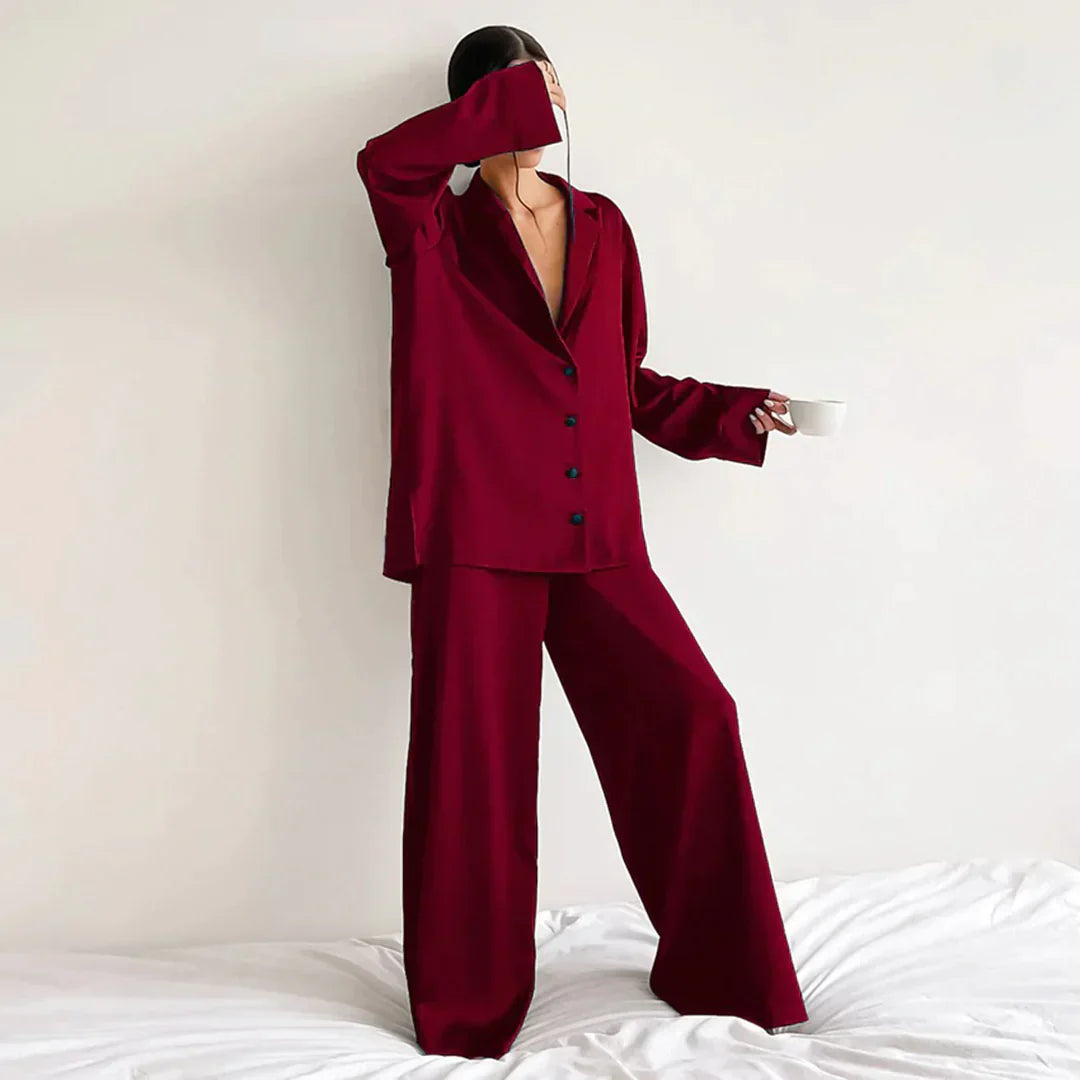 Ammie | Satijnen Pyjama Set met Wijdere Broek