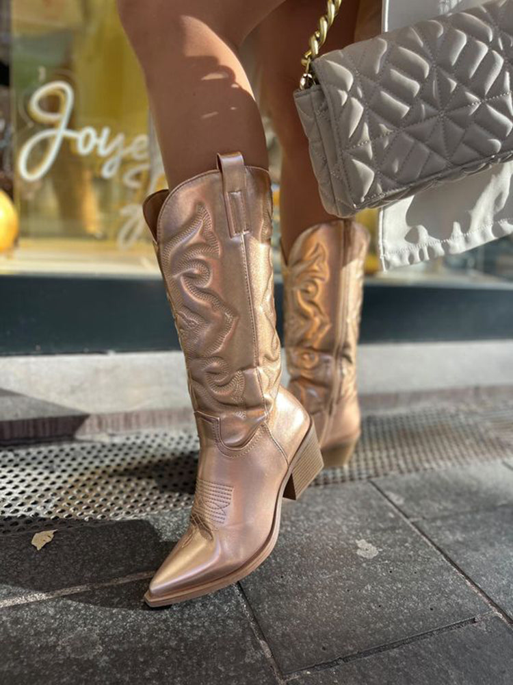 Jancy | Metallic Westernlaarzen met Lage Hak en Borduursel