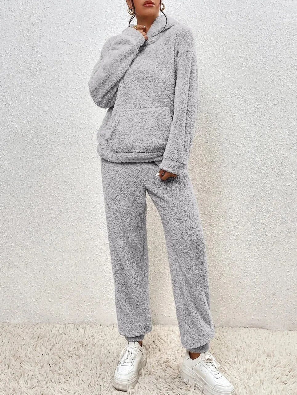 Comfortabele Zachte Teddy Jas Dames Loungewear Set met Hoodie