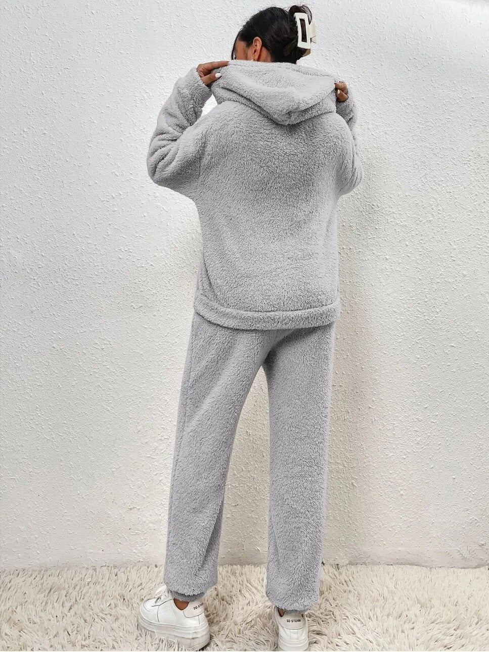 Comfortabele Zachte Teddy Jas Dames Loungewear Set met Hoodie