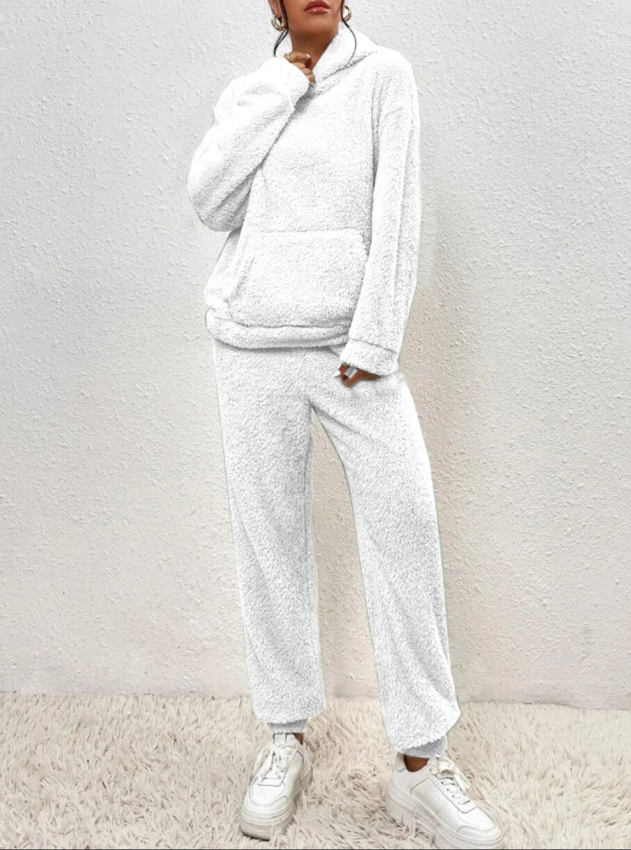 Comfortabele Zachte Teddy Jas Dames Loungewear Set met Hoodie