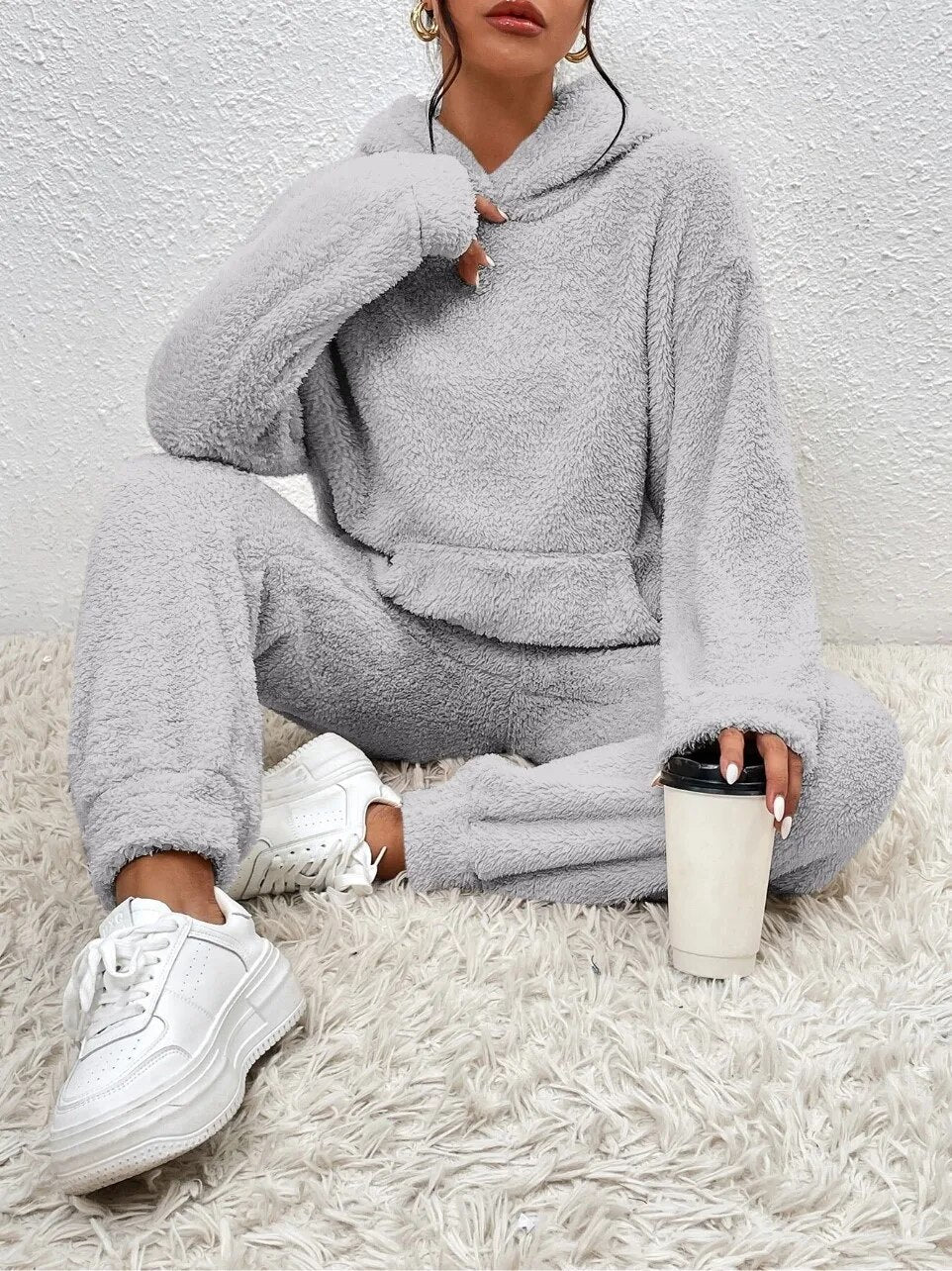 Comfortabele Zachte Teddy Jas Dames Loungewear Set met Hoodie