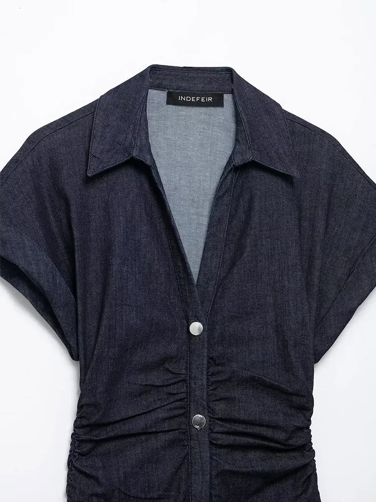 Victoria | Donkerblauwe Denim Jurk - Midi