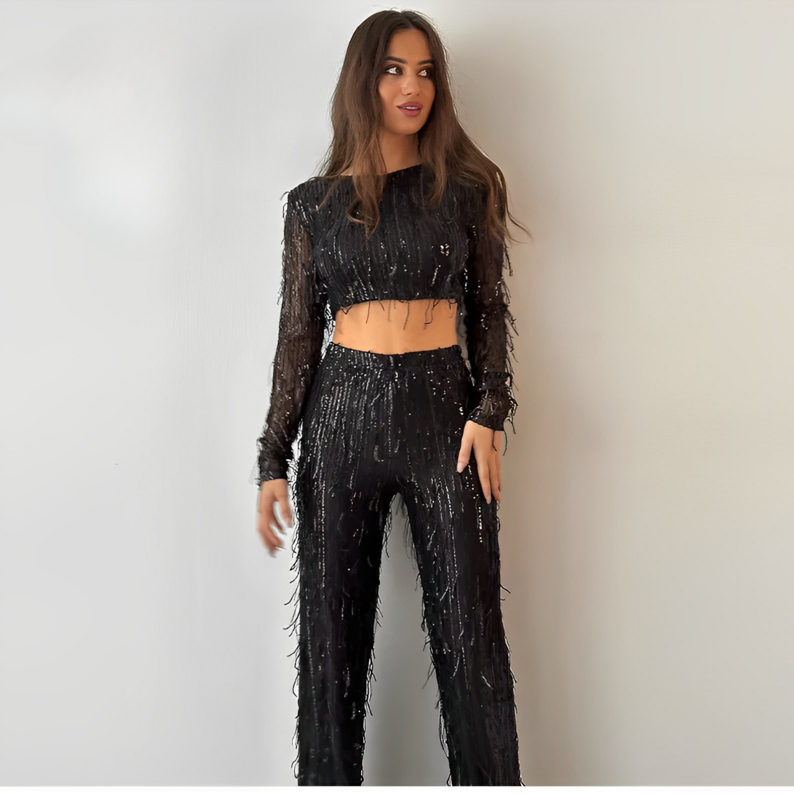 Tweedelig Pailletten Set met Crop Top en Wijde Broek Dames