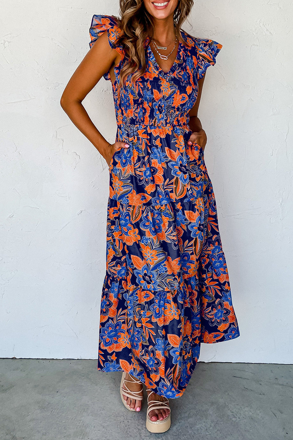 Susy | Maxi Jurk met Bloemenprint en Ruches