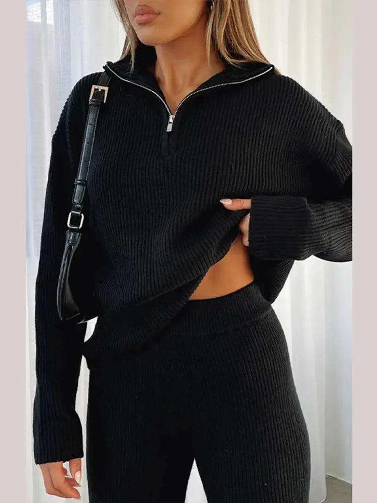 Kim | Gebreide Set met Flared Broek en Zip Trui