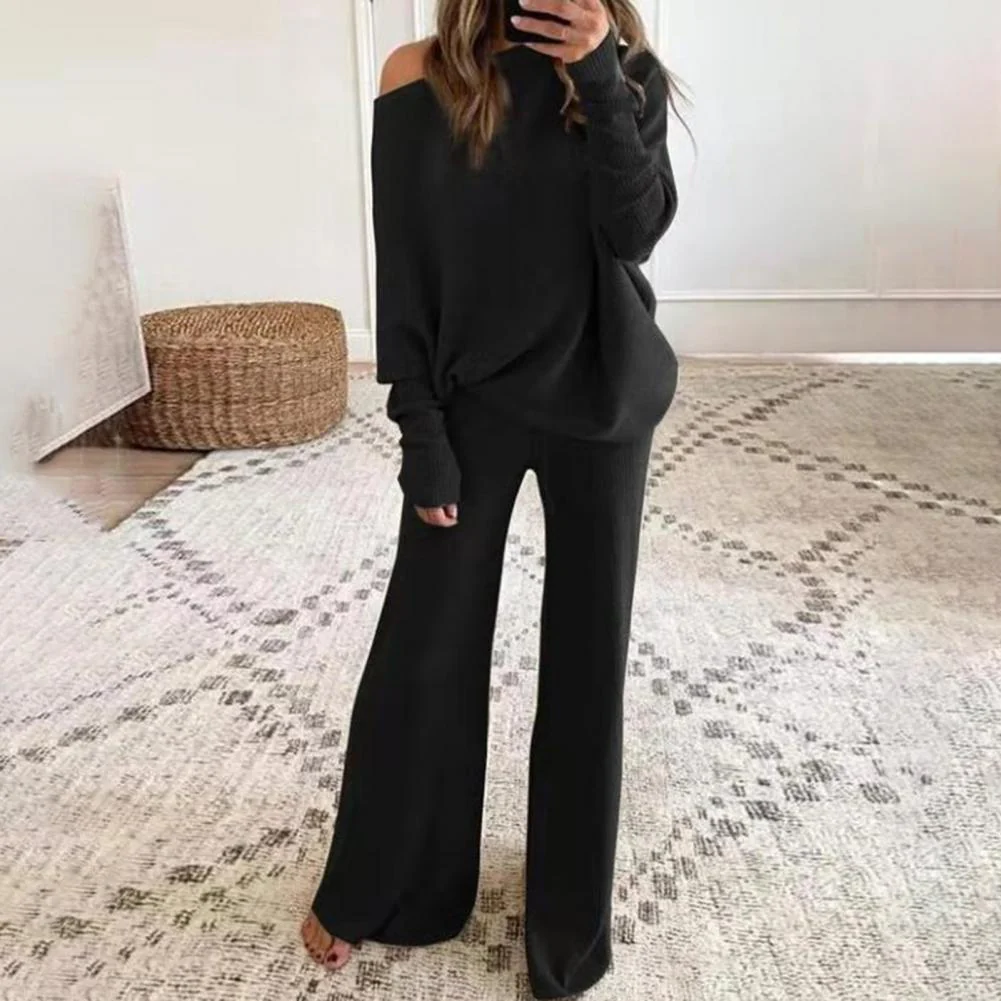 Oversized Dames Trui Set met One-Shoulder Top en Wijde Pijpen