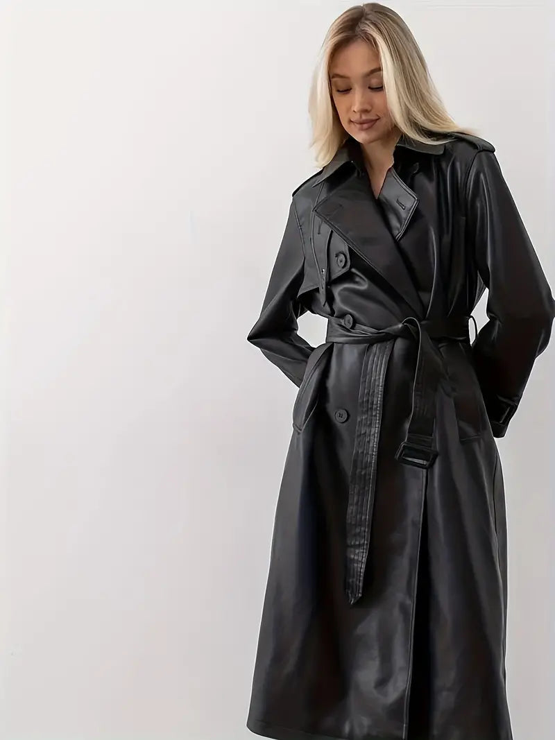 Stijlvolle Leren Dames Trenchcoat met Ceintuur