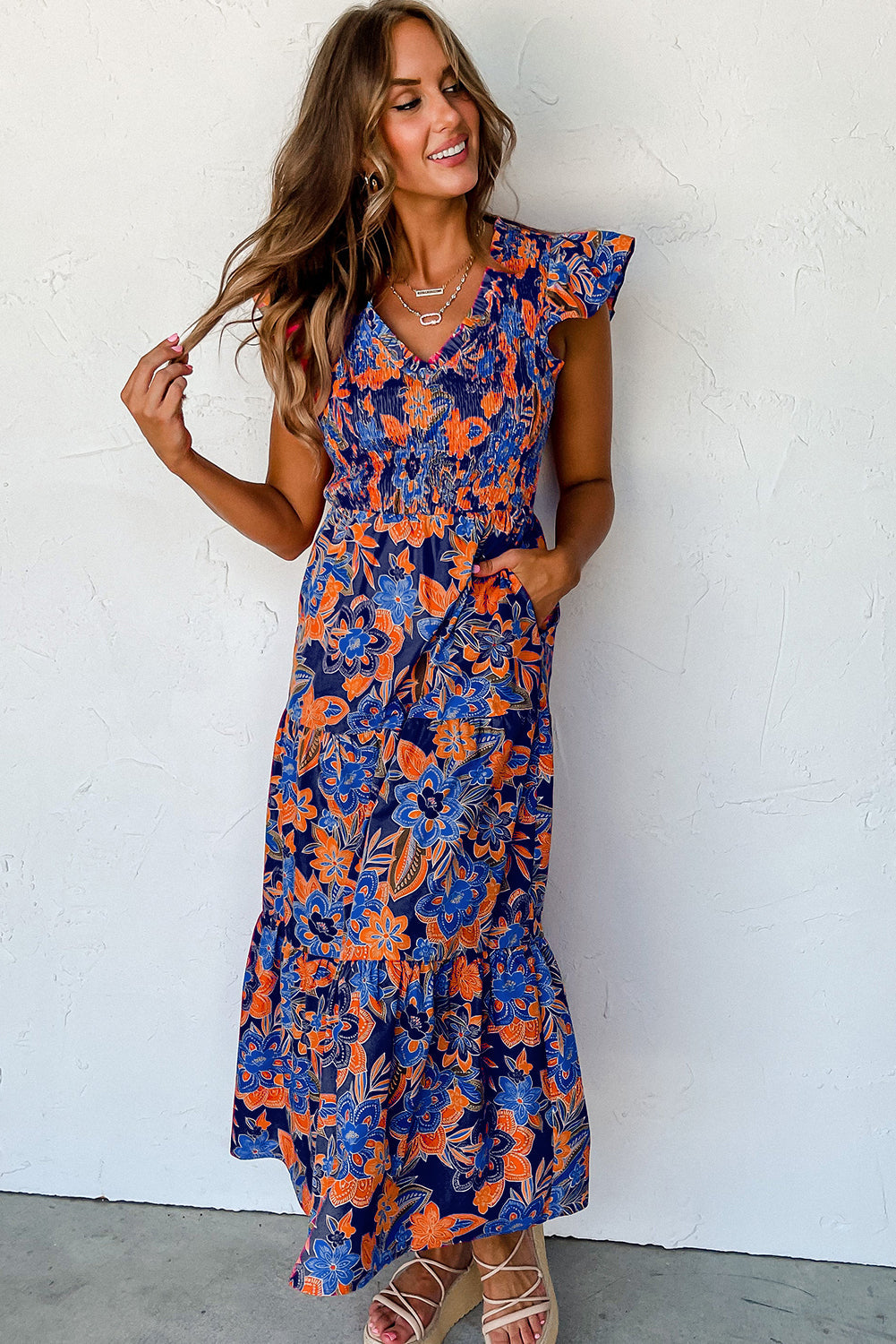 Susy | Maxi Jurk met Bloemenprint en Ruches