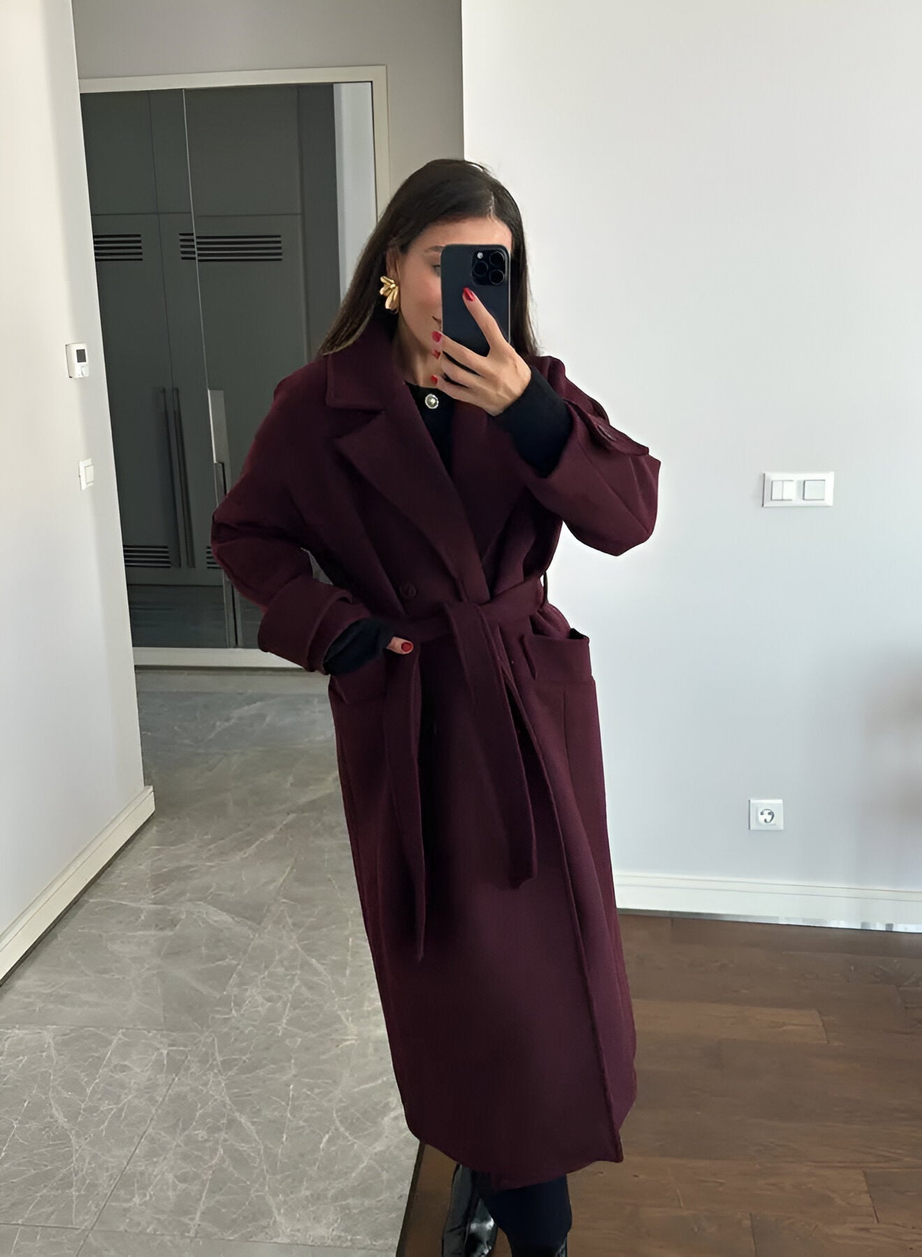 Leonie | Elegante Lange Burgundy Mantel Jas