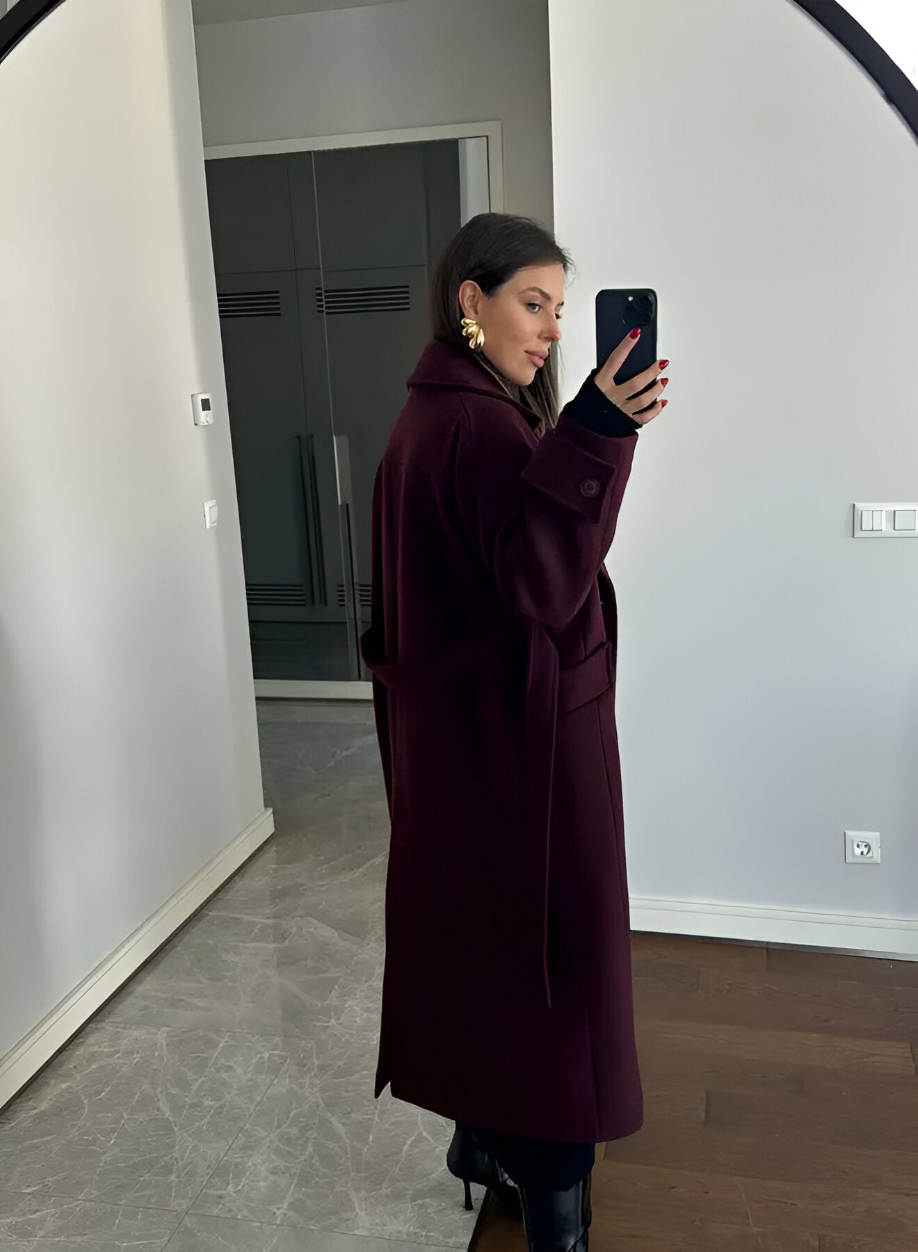 Leonie | Elegante Lange Burgundy Mantel Jas
