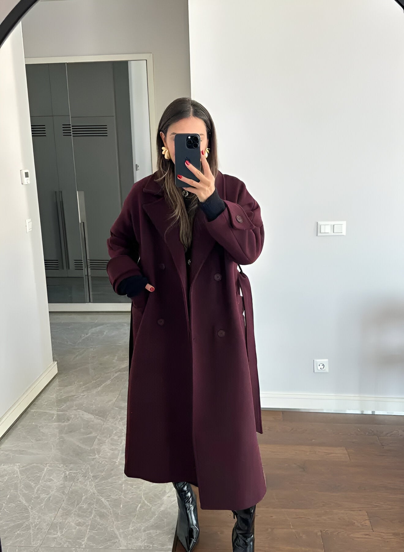Leonie | Elegante Lange Burgundy Mantel Jas
