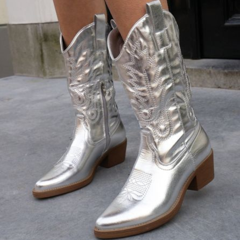 Jancy | Metallic Westernlaarzen met Lage Hak en Borduursel
