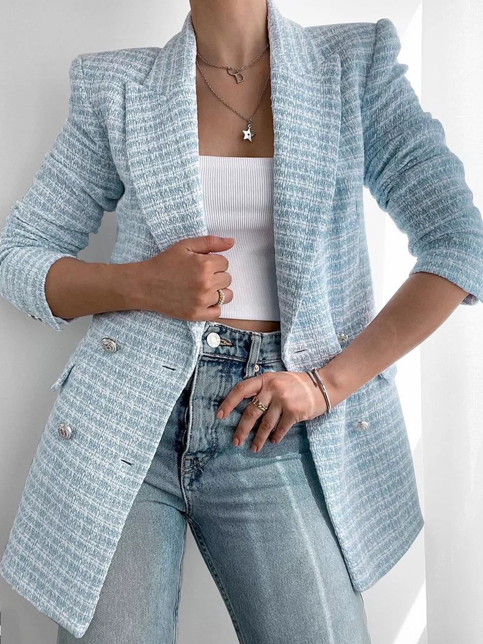 Ginny | Klassieke Bouclé Blazer met Dubbele Rij Knopen