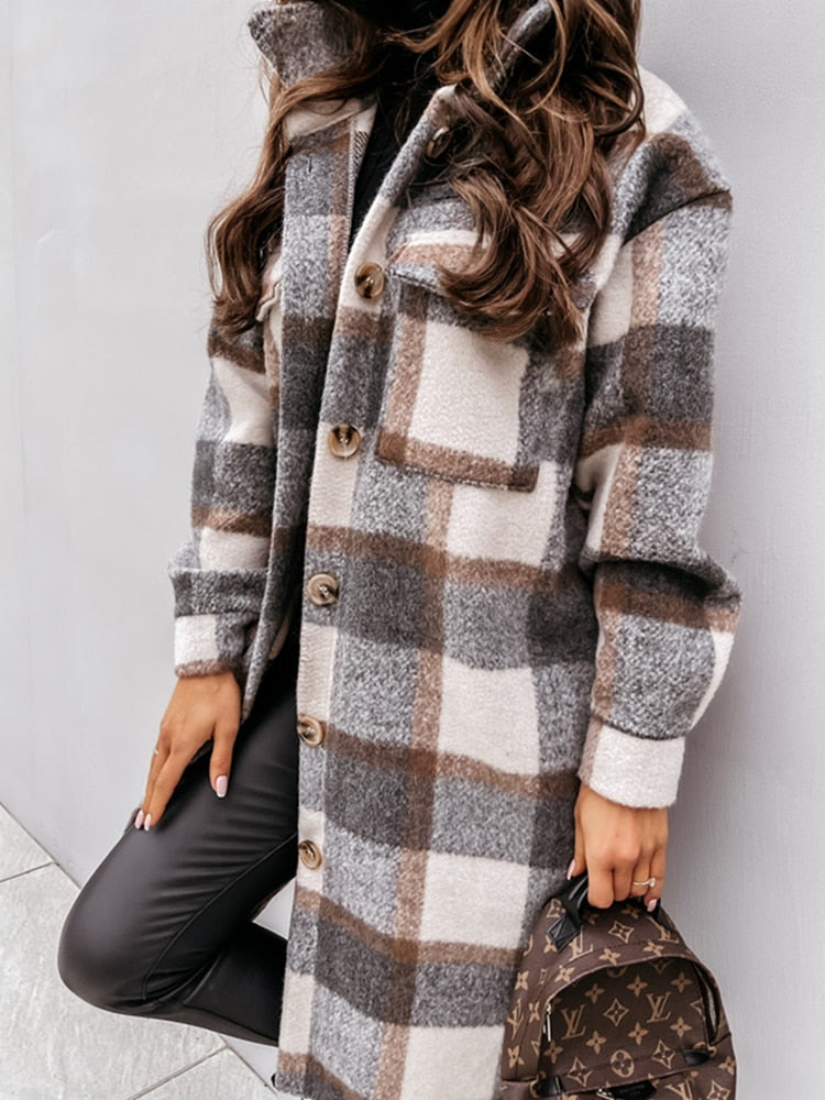Winter Chique Geruite Wollen Dames Jas met Knopen