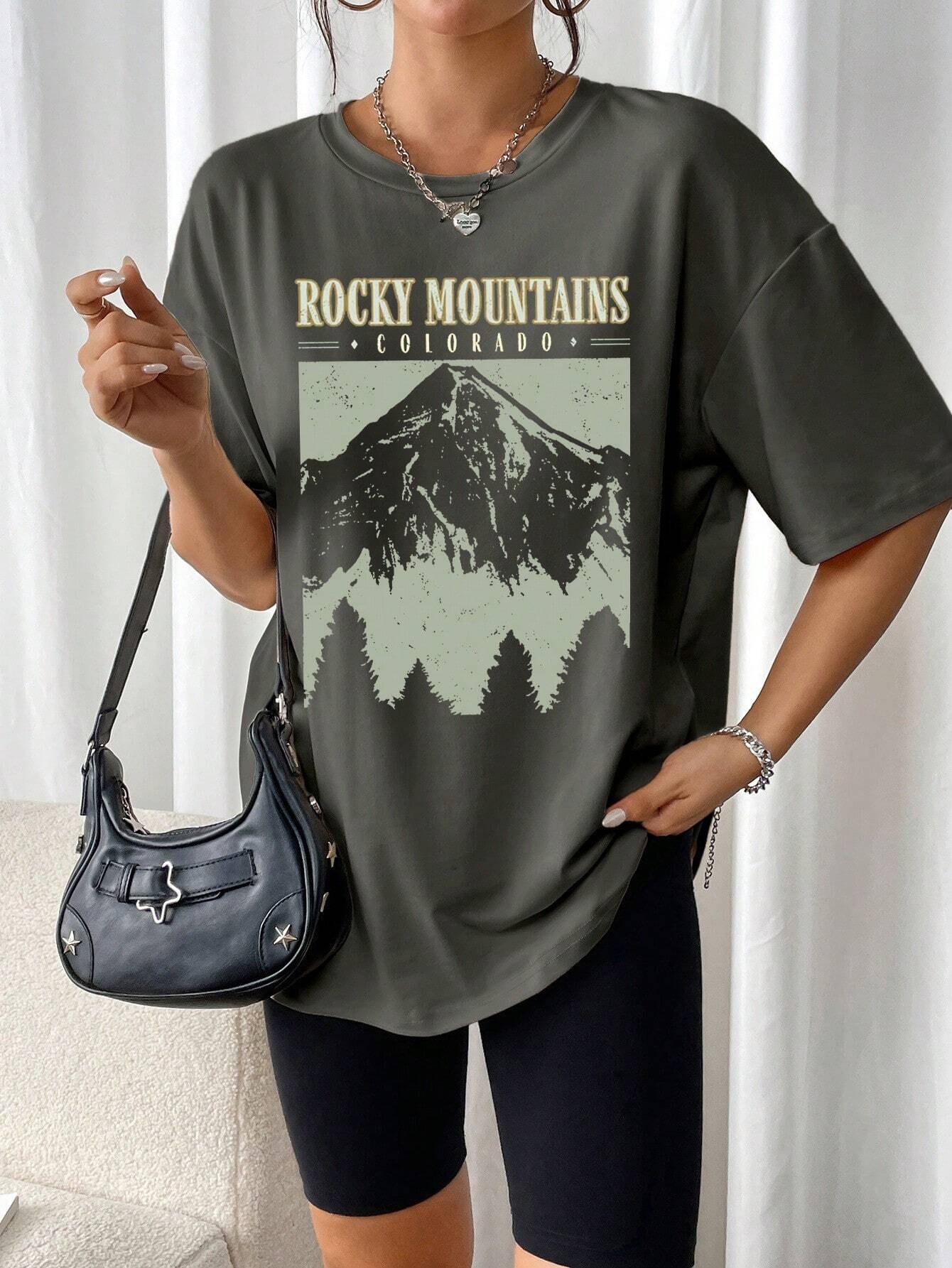 Oversized Dames T-Shirt Met Vintage Rocky Mountains Print
