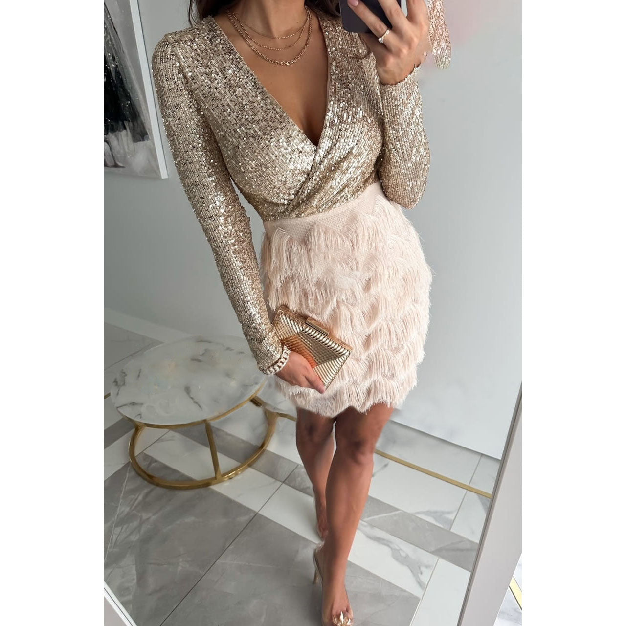 Olivia | Elegante Glitter Mini Jurk met franjes