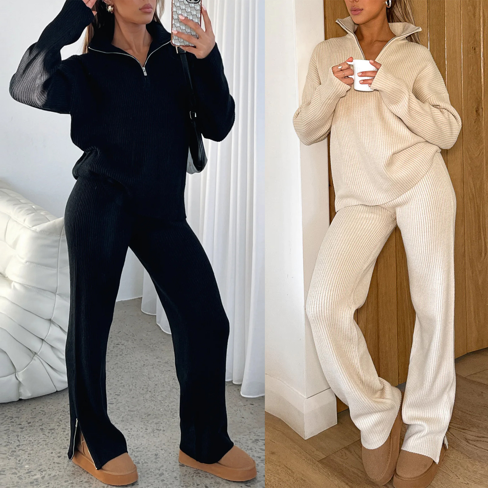 Kim | Gebreide Set met Flared Broek en Zip Trui