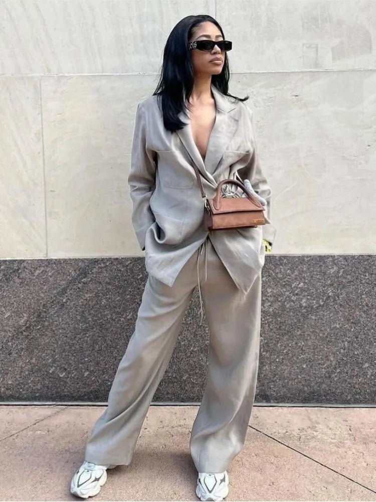 Elegante Oversized Dames Blazer-Broek Set met Ceintuur