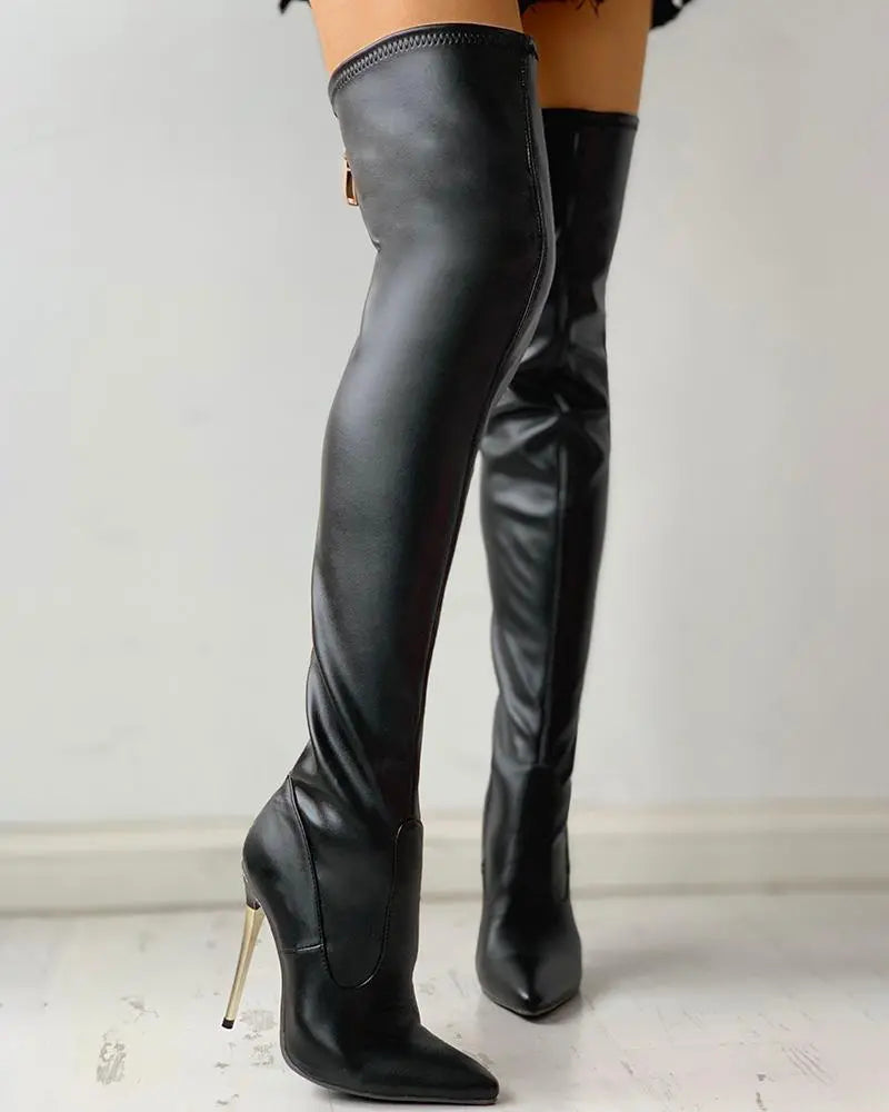 Kiara | Overknee Laarzen met Gouden Hak en Ritsdetail