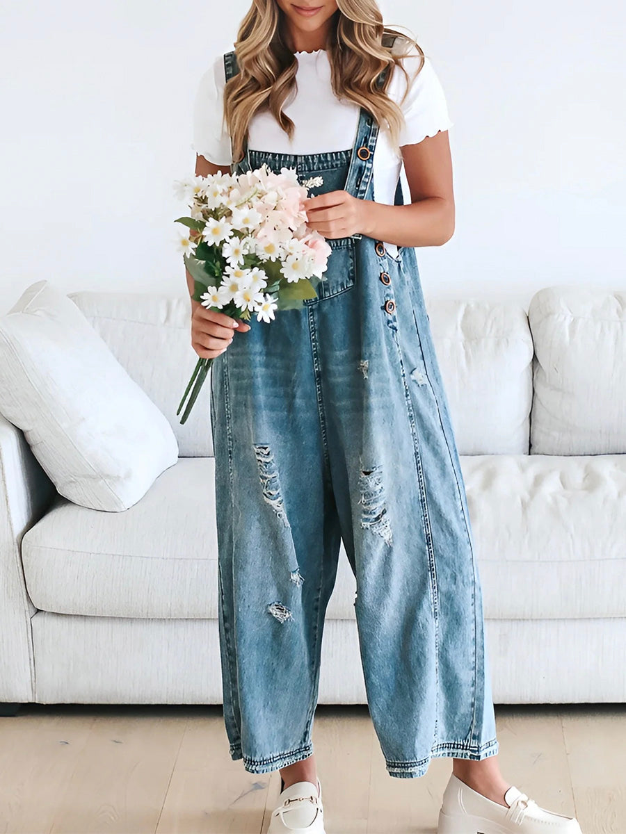 Denim oversized vrouwen jumpsuit met lichte vintage look