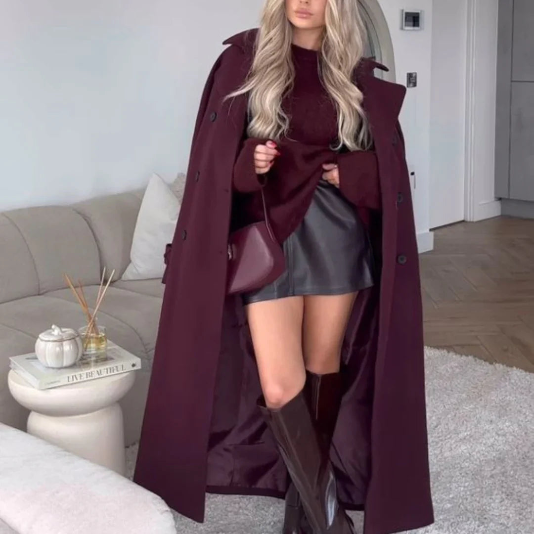 Leonie | Elegante Lange Burgundy Mantel Jas