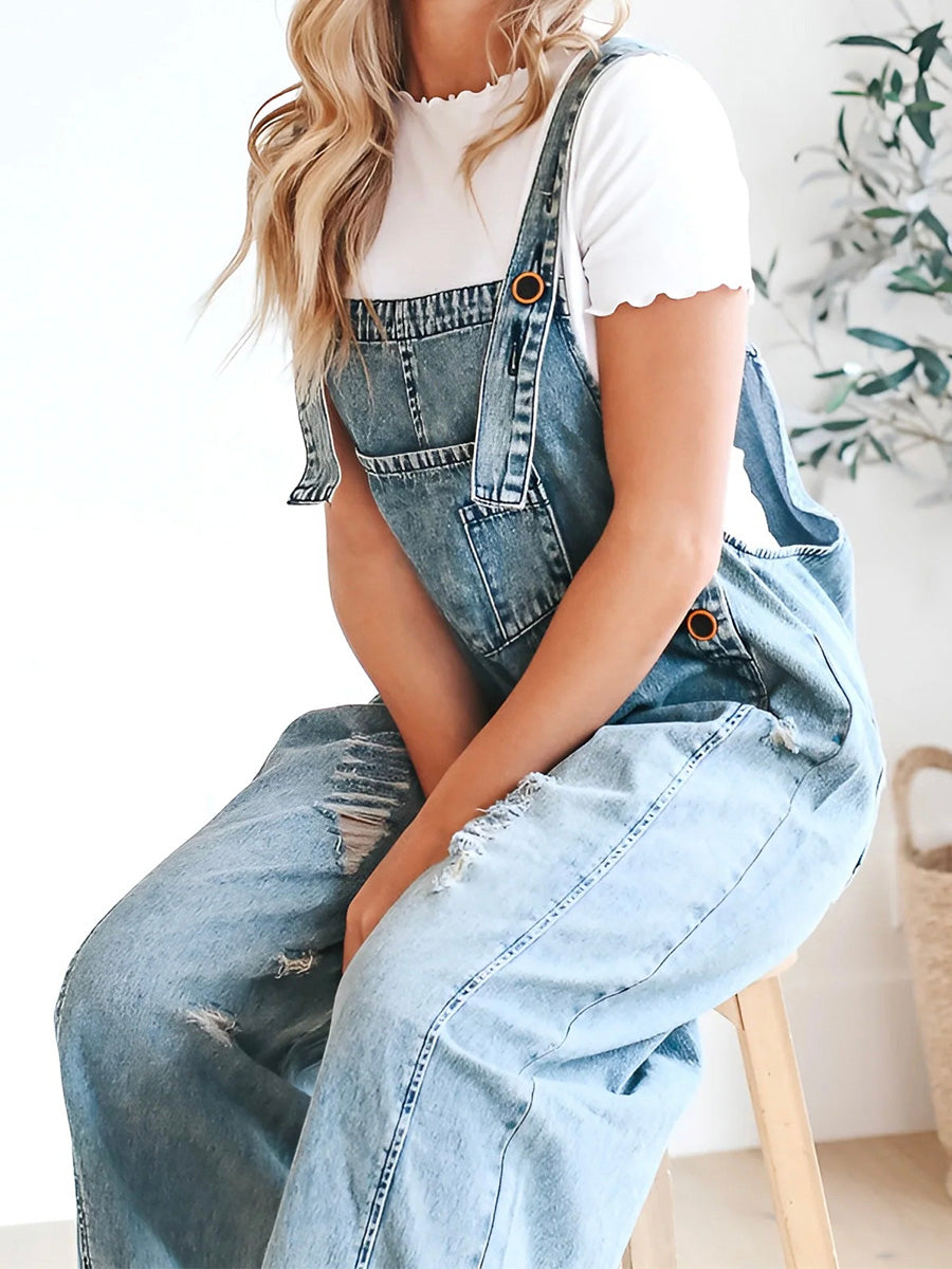 Denim oversized vrouwen jumpsuit met lichte vintage look