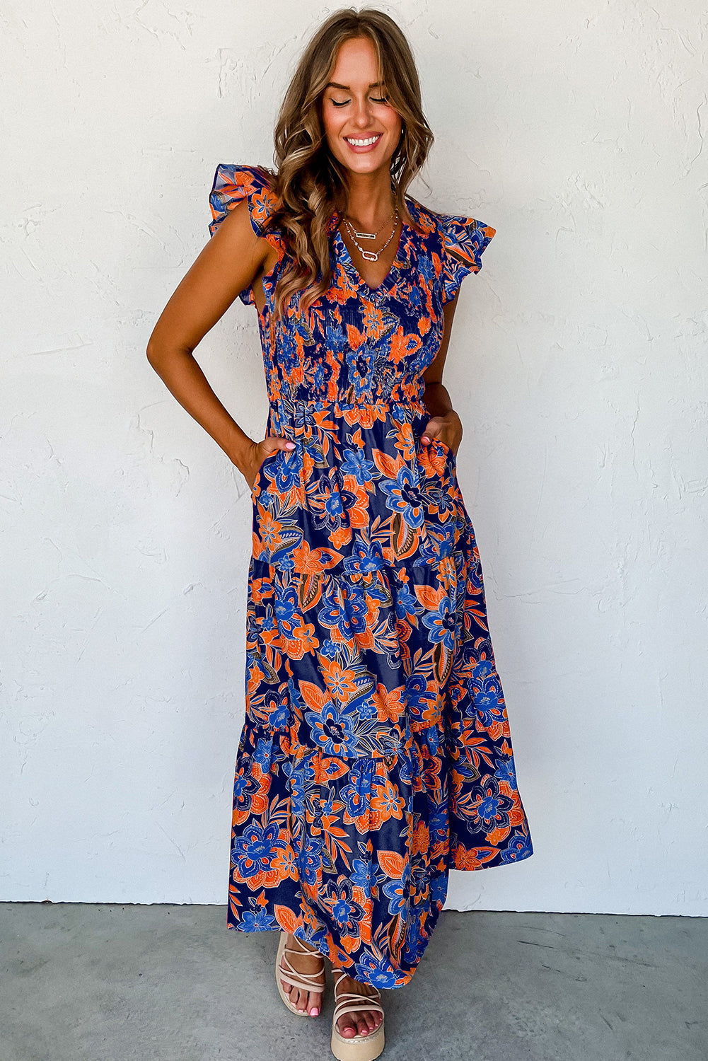 Susy | Maxi Jurk met Bloemenprint en Ruches