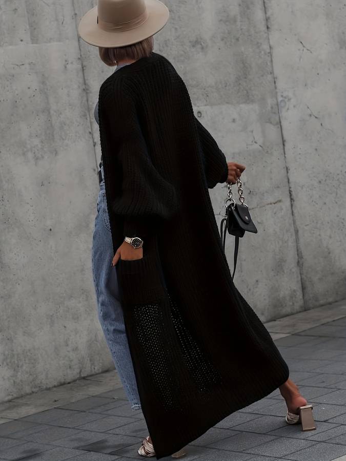 Luxe Gebreid Lang Zwart Dames Vest met Oversized Pasvorm