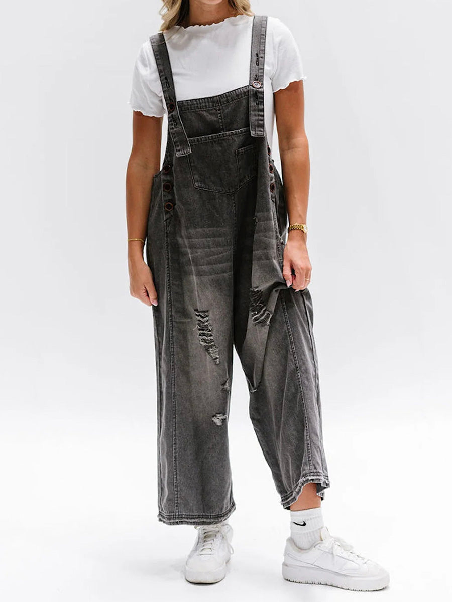 Denim oversized vrouwen jumpsuit met lichte vintage look