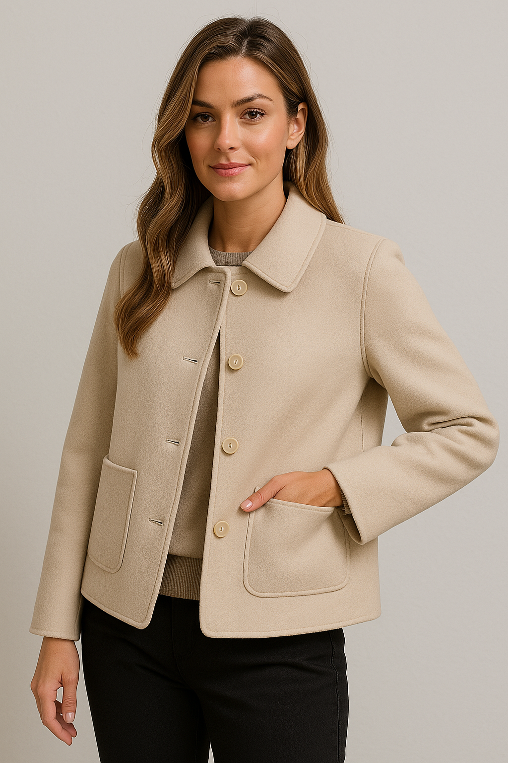 Chique Getailleerde Beige Damesjas met Knopen